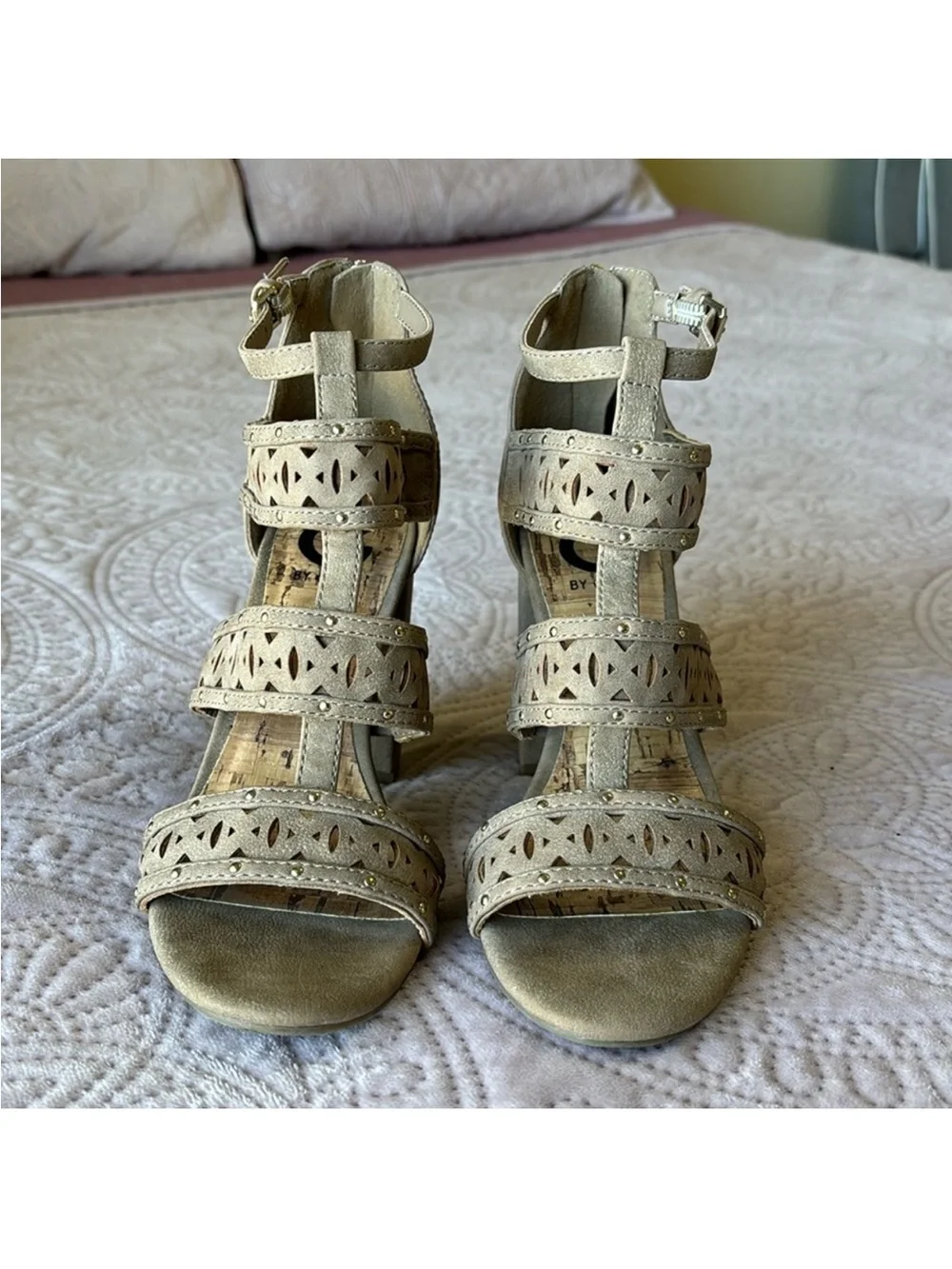 G by GUESS Taupe Laser-Cut Strappy Block Heel Sandals
